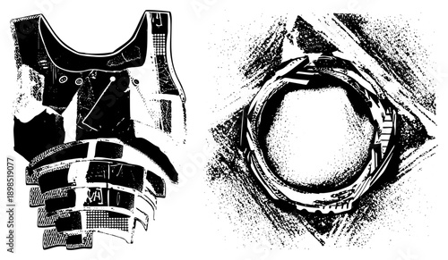 Classic motorcycle helmet with visor and chin guard, paired with circular engine part, rendered in halftone style, mechanical design, retro gear, isolated vector graphic.