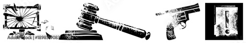 Broken monitor glass, judicial gavel, handgun, warning sign, vector symbols, halftone texture, isolated graphic elements.