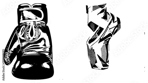 Two stylized geometric sculptures rendered in high contrast vector art, featuring halftone shading and bold, abstract modern design, graphic art pieces.