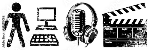 Retro styled symbols including microphone, headphones, clapperboard, and computer, rendered in distressed black vector art for film, music, or tech themes.
