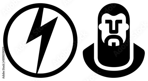Graphic symbols featuring a lightning bolt in circle and abstract bearded face, minimalist design, digital illustration, UI elements, flat vector art.
