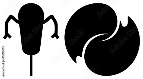 Minimalist black vector microphone with arms and yin yang swirl, flat design, symbolic representation, and balance concepts.