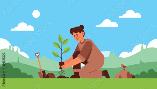 Woman kneeling in a green field planting a tree with a shovel nearby on a sunny day outside.