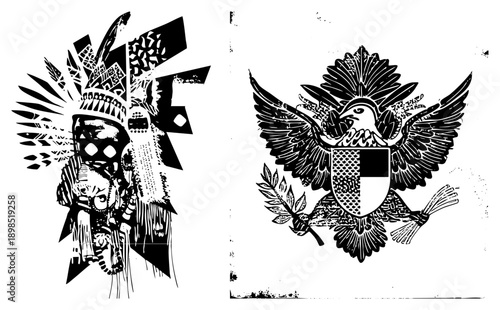 Stylized Native American headdress with geometric and feather motifs, paired with eagle clutching shield and olive branch, both in high contrast.
