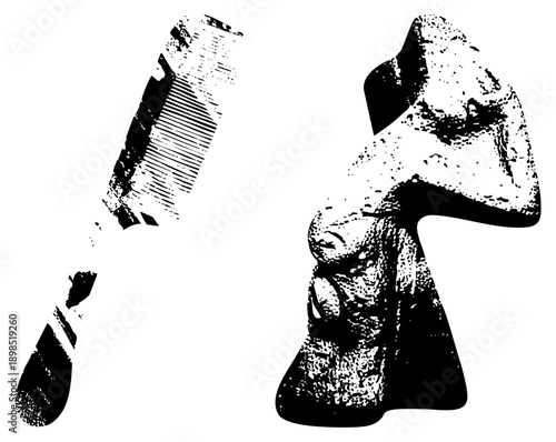 Retro styled and comb graphic, halftone print effect, black and white vector art, isolated design elements, stylized tools.