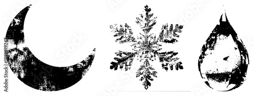 Distressed black vector moon, snowflake, water droplet, textured halftone style, isolated graphic elements, weather and nature symbols.