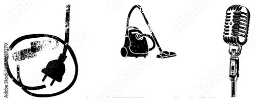 Retro microphone, upright vacuum cleaner, coiled power plug, vector, distressed texture, isolated graphic elements.