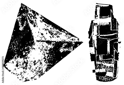 Two stylized forms a tilted triangle and a stacked rectangular column rendered in high contrast halftone, vector art with gritty texture, isolated graphic elements.