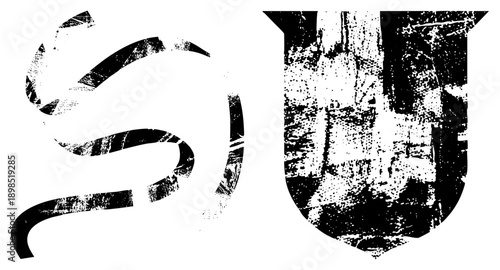 Distressed black vector flowing script glyph and weathered shield emblem, gritty texture,, graphic design elements, isolated symbols.