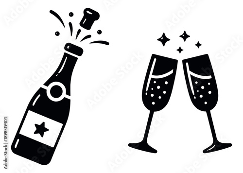 Clip art celebration set featuring a popping champagne bottle and toasting flutes for new year's eve