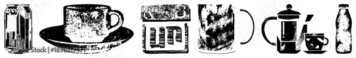 Retro coffee cup on saucer, soda can, beer mug, French press, milk bottle all rendered in distressed black and white vector style with gritty texture.