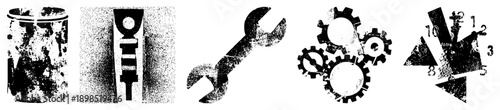 Distressed mechanical including wrench, interlocking gears, compass, cylinder, and gauge with gritty texture, industrial design, vector flat style.