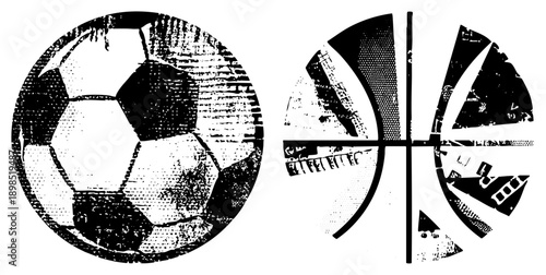 Retro styled soccer ball and basketball with halftone texture, athletic symbols, sports graphics, vector art, classic design, game, team.