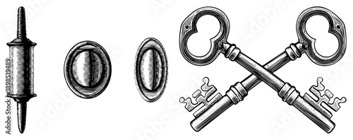 Ornate skeleton keys, vintage door knobs, antique lock hardware, classic brass fittings, old fashioned security mechanisms.