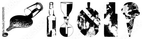 Graphic vector bottles with distressed textures, halftone fills, and fragmented designs, isolated on transparent background, stylized for modern art or branding.