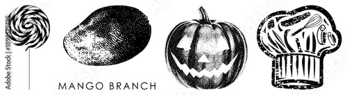 Classic Halloween symbols rendered in halftone style jack o lantern, lollipop, mango branch, chef hat with kitchen tools. Retro graphic design with stippled texture and bold.