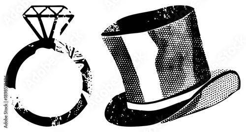 Classic engagement ring with solitaire diamond and formal top hat, rendered in distressed halftone style, graphic design elements, retro aesthetic, wedding or formal event.