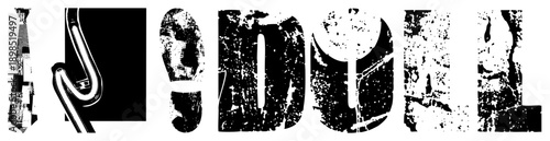 Bold, weathered lettering spelling "IDOL," abstract glyph shapes with grunge texture, stencil style typography, isolated vector graphic, halftone inspired noise, graphic design element.