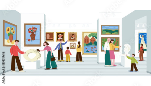 A family visits an art gallery with various paintings on display