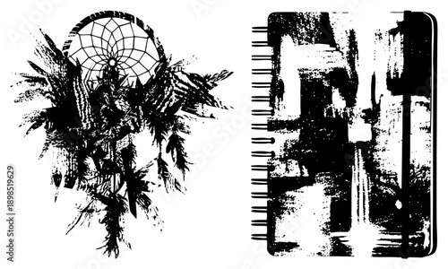 Native American dreamcatcher with feathers and web, spiritual talisman, and spiral bound notebook with distressed ink texture, artistic vector design.
