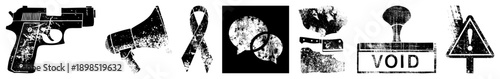 Distressed black and white vector including firearm, megaphone, awareness ribbon, speech bubbles, cleaver, void stamp, and warning sign ideal for protest, safety, or communication themes.