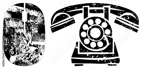 Retro rotary telephone and contemporary computer mouse rendered in distressed black and white, vector cutouts with halftone texture, digital nostalgia, tech history symbols.