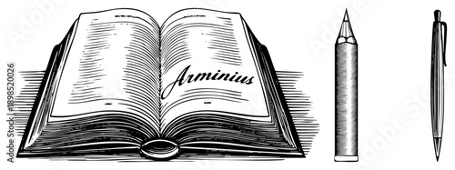 Vintage style open book labeled Arminius, accompanied by pencil and pen, classic study tools, academic writing, historical text, educational materials.