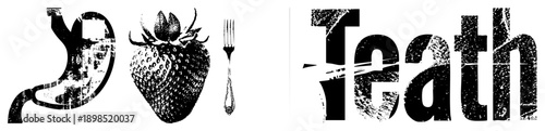 Black and white vector illustration with grunge texture, featuring a strawberry, fork, stomach, and stylized "Death" text ideal for edgy design projects, typography, or conceptual art.