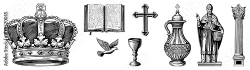 Crown, open book,,,, holy vessel, statue, column sacred rendered in detailed black and white vector illustration.