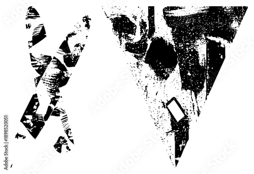 Stylized black ink splatter shapes, halftone texture, graphic art, vector composition, fragmented design, bold contrast, modern abstract.