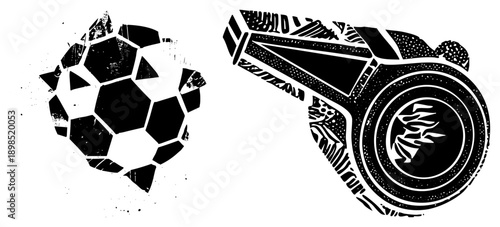 Graphic of soccer ball and whistle with grunge texture, sports equipment, athletic gear, black and white vector design, stylized sports symbols.
