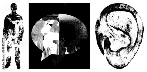 Stylized human figure, halftone brain graphic, ear silhouette all in black and white vector art, isolated elements, medical or psychological design motifs.