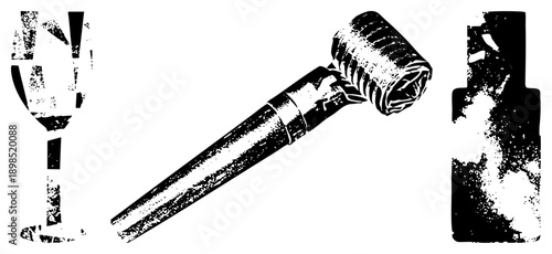 Distressed black and white vector of wine glass, mallet, and bottle, halftone texture, graphic design elements, isolated objects, rustic aesthetic.