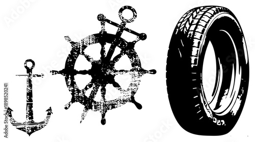 Maritime anchor, ship steering wheel, vehicle tire graphic, nautical and automotive symbols, black and white vector design.