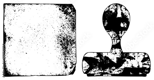 Retro ink stamp with worn texture, typewriter style impression, vintage printing tool, graphic, distressed design, office relic, archival artifact.