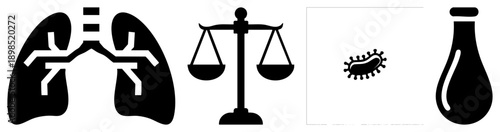 Black vector depicting lungs, justice scale, bacterium, and lab flask, used in healthcare, law, microbiology, and science contexts.
