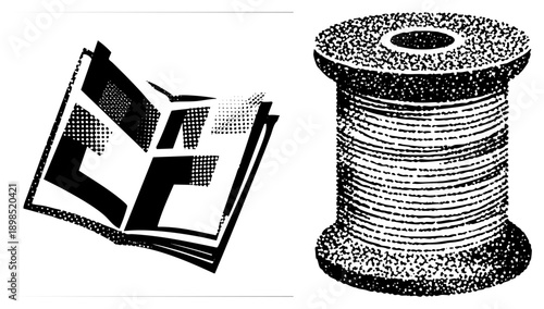 Open book rendered in halftone dots, paired with thread spool, graphic design elements, vintage print style, black and white vector art.