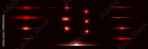 Red light effect reflections, neon illumination in red colors. Bright light lens. Police light effects, lines. Shiny stars, glowing sparks on a black background.