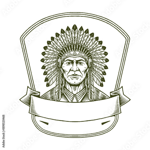 Native American Chief Portrait in Traditional War Bonnet Shield