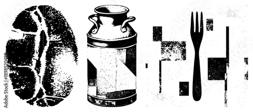 Retro halftone coffee bean, milk jug, and fork, vector graphic,, food service symbols, isolated elements, stylized kitchen items.