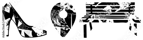 Distressed black and white vector high heel shoe, map pin, park bench. Urban, gritty, stylized silhouettes with texture. Ideal for web UI, print, or graphic design projects.