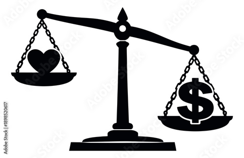 Graphic illustration of a balance scale depicting a dollar sign outweighing a heart for concepts of finance, love, and priorities