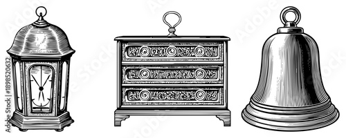 Antique clock with glass face, carved wooden chest, brass bell, engraved, vintage decor, black and white illustration, classic engraving style.