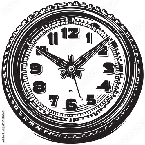 Detailed retro analog clock face with Arabic numerals and sharp hands for telling time, rendered in a dramatic black and white sketchy artistic hand-drawn style evoking vintage appeal