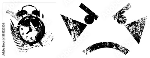 Distressed alarm clock surrounded by chaotic motion, paired with a grumpy face, conveying sleeplessness and irritation. Wake up call, snooze frustration, night owl struggle.