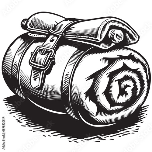 Vintage rolled sleeping bag with leather strap and buckle, meticulously rendered in a classic woodcut engraving style with dramatic cross-hatching and deep shadows, evoking adventure