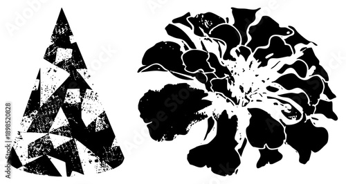 Abstract black and white vector design featuring a fractured and stylized flower, graphic art, stencil effect, bold shapes, illustration.
