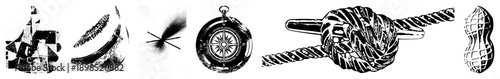 Fragmented geometric forms, halftone textures, stylized compass, rope knot, peanut all rendered in black and white vector art with isolated foreground elements.