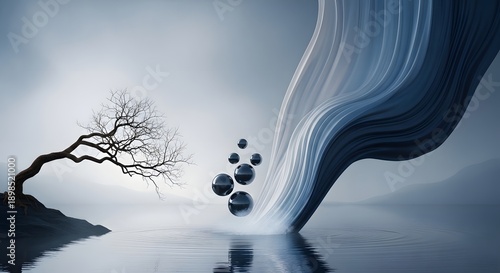 Serene landscape with a bare tree overlooking a calm body of water featuring abstract fluid elements and spheres