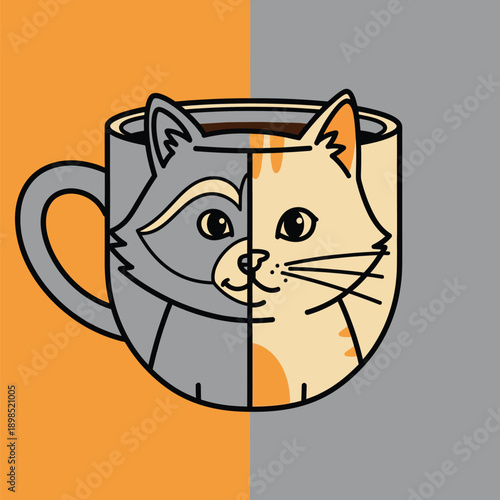 Cute coffee mug character featuring a split design of a raccoon and a ginger cat face, creative animal themed ceramic cup vector illustration.